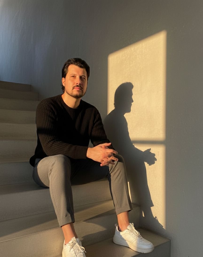 Portrait of Jeff Buch sitting on stairs in window light